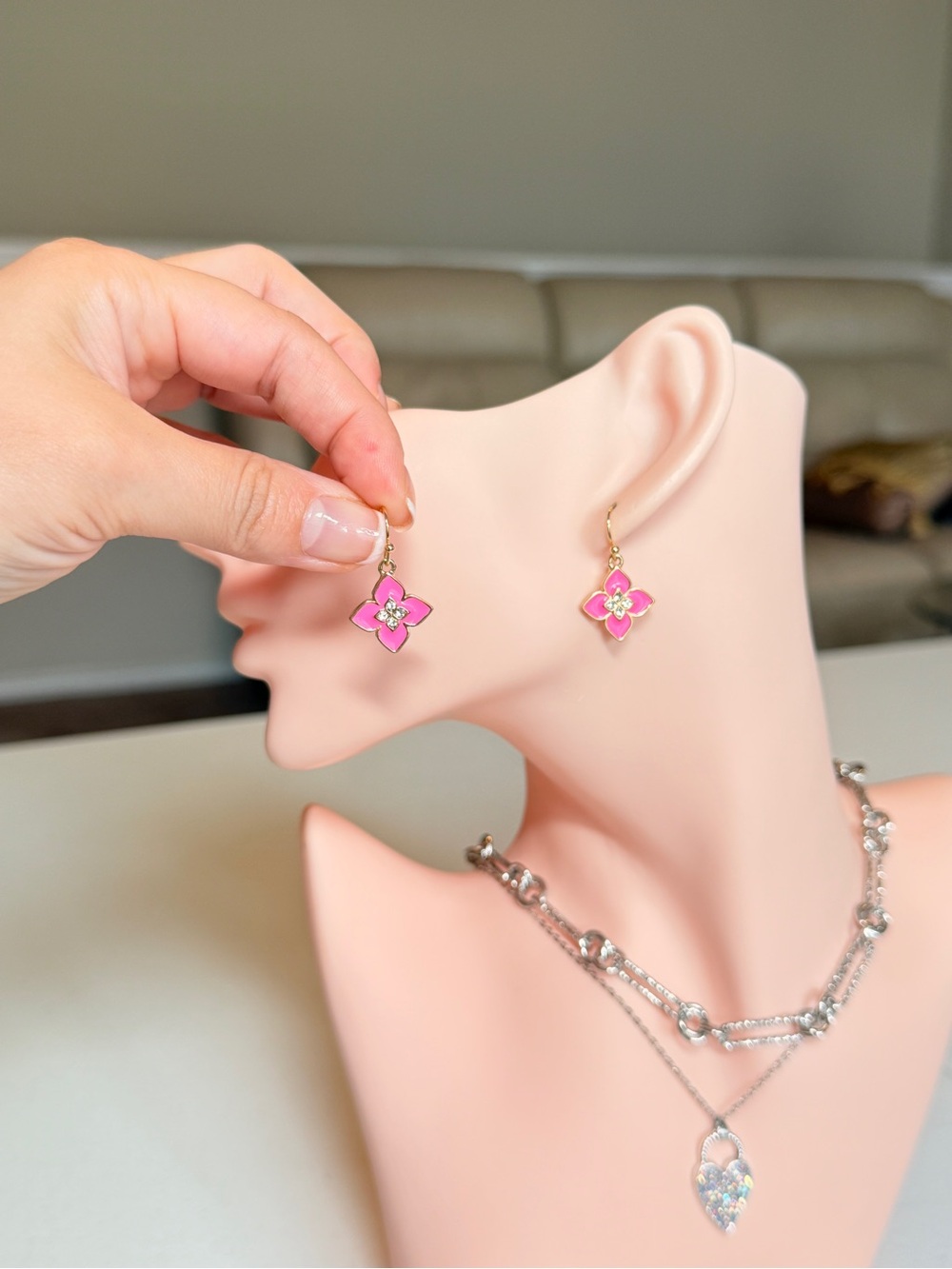 Gold Pink Enamel Flower Drop Earrings with CZ - Picture 8 of 12